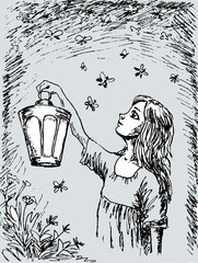 A girl holding a lantern and fireflies flying around at night. Hand drawn vector illustration.