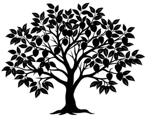 Obraz premium Silhouette of a fruit tree with many leaves and fruits