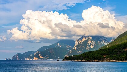 A coastal landscape with mountains and clouds