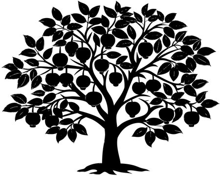 Black silhouette of a fruit tree with apples and leaves