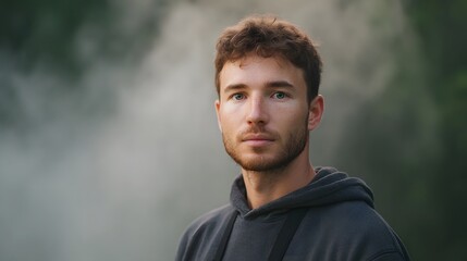 A man with curly brown hair and blue eyes looks forward pensively in a misty outdoor environment wearing a grey hoodie
