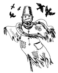 A scarecrow and the crows. Black vector illustration. Hand drawn sketch.