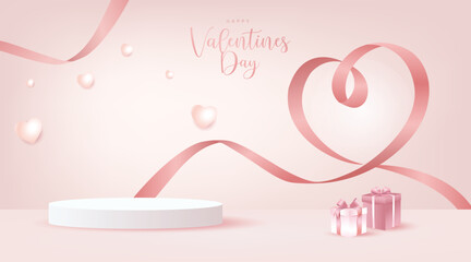 Valentine’s Day background featuring a pink ribbon heart, soft floating hearts, a white podium, and pastel gift boxes in a romantic setting.