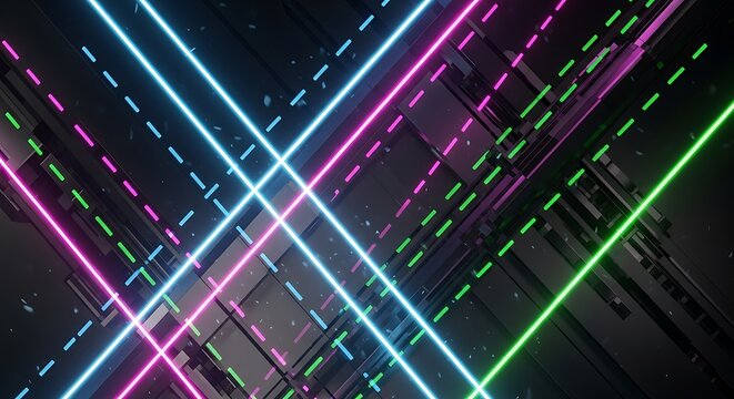 Abstract background featuring neon lines in blue pink and green crossing over dark geometric shapes - Powered by Adobe