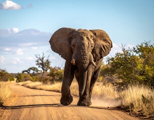 Elephant walks along the dusty path. Bush and trees line the roadside, under bright sky with patchy clouds behind
