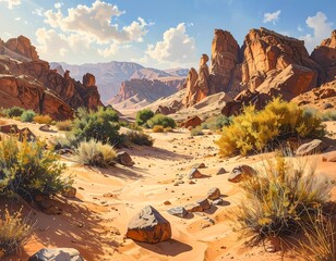 Magnificent sandstone formations in a vast desert landscape under a blue sky