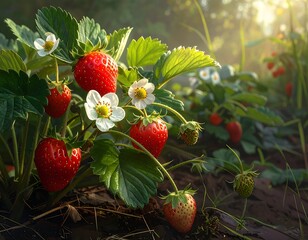 Lush strawberry patch with ripe berries and delicate white blossoms in the sunlight