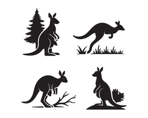 kangaroo in forest trees, jumping across a safari grassland, mother kangaroo with joey in pouch vector silhouettes illustration design set collection, kangaroo family vector