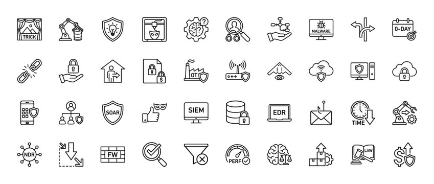 Cybersecurity and it threat protection line icon set. Vector pictograms of malware, firewall, vpn, data, network, and security, thin linear illustration.