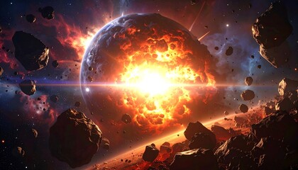 Explosive planetary event with debris scattered amid cosmic colors, creating a fiery space scene