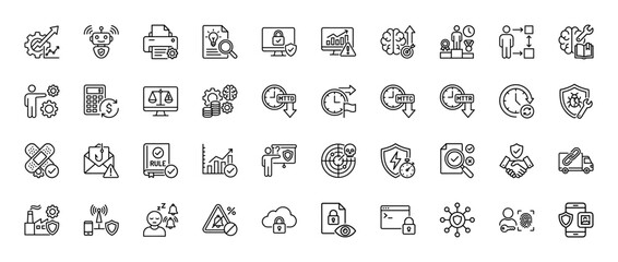 Cybersecurity and risk management line icon set. Vector pictograms of security shield, data analytics, automation, and incident response, thin linear illustration.