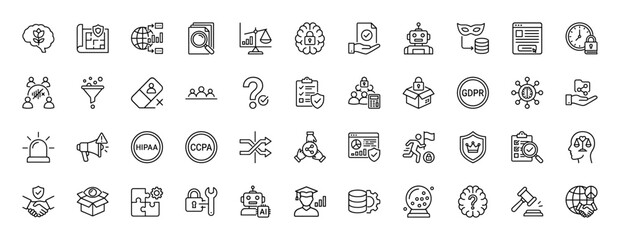 Data privacy and security line icon set. Vector pictograms of gdpr, ccpa, security lock, and compliance checklist, thin linear illustration.