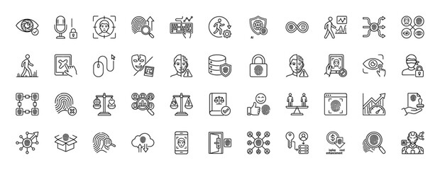 Fototapeta premium Biometric security and personal data protection line icon set. Vector pictograms of fingerprint, facial recognition, walking, and ai defense, thin linear illustration.