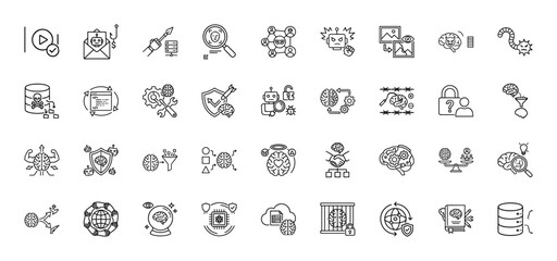 Artificial intelligence and cybersecurity line icon set. Vector pictograms of data security, brain computing, and cyber attack, thin linear illustration.