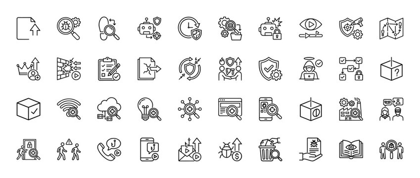 Technology and cybersecurity line icon set. vector pictograms of protection, analysis, security, data, and development, thin linear illustration.