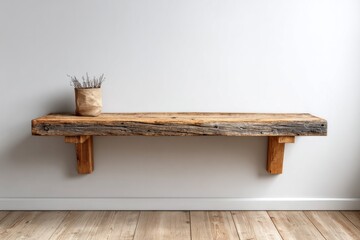 Rustic wooden floating shelf displays dried botanical arrangement against a clean wall