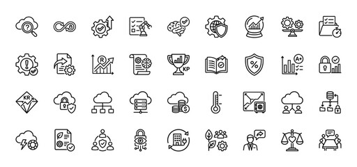 Business and technology line icon set. Vector pictograms of settings, cloud computing, data security, and analytics, thin linear illustration.