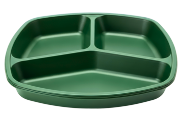 Green plastic divided dinner tray with three food compartments isolated on a transparent background