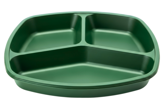 Green plastic divided dinner tray with three food compartments isolated on a transparent background
