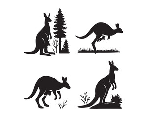 kangaroo in forest trees, jumping across a safari grassland, mother kangaroo with joey in pouch vector silhouettes illustration design set collection, kangaroo family vector