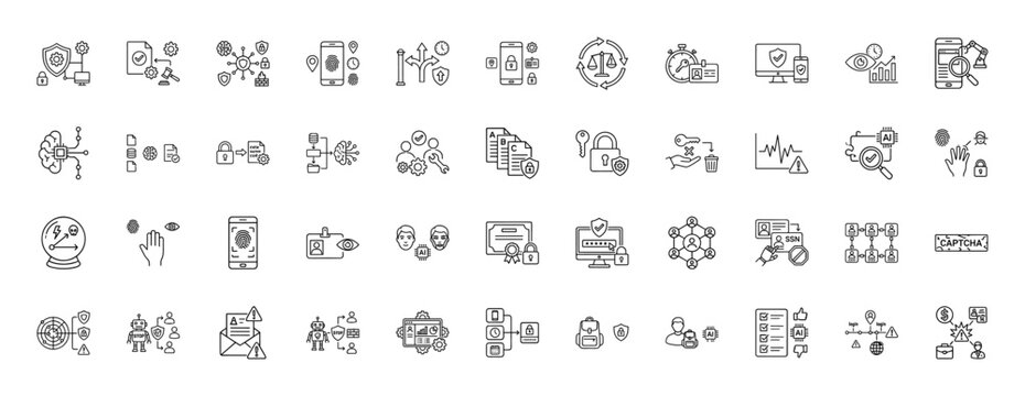 Data security line icon set. Vector pictograms of fingerprint, shield, access, lock, and key, thin linear illustration.