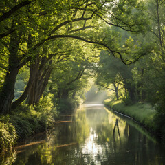 Sunlight filtering through lush green trees over a calm canal