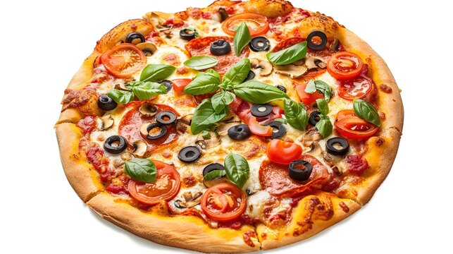 Fresh Italian pizza with tomatoes, olives, basil leaves and melted cheese on white background