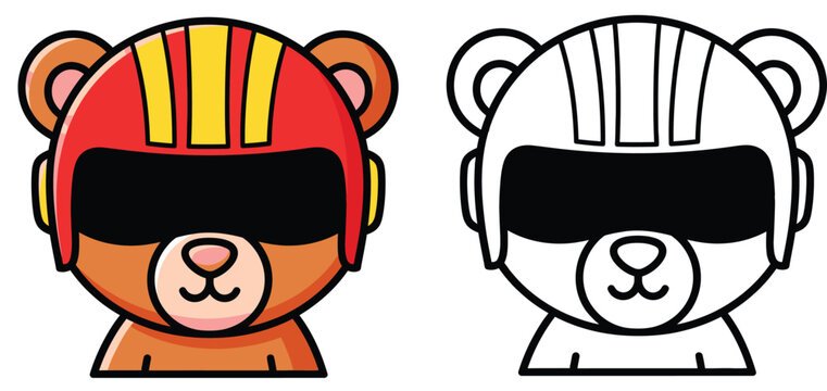Naklejki Cute Bear Pilot Vector Illustration Set Kawaii Animal Mascot Wearing Red Racing Helmet Cartoon Bear Head Icon in Color and Black Outline Style for Coloring Book.