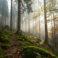 Misty forest path bathed in golden sunlight through tall trees