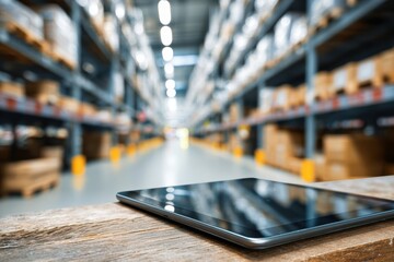Fototapeta premium shipping supply chain cost-effective. Tablet on a wooden surface in a blurred warehouse environment.