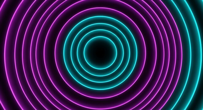 A vibrant display of concentric circles alternating in neon pink and turquoise hues on a black backdrop