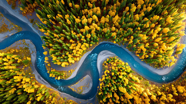 An aerial view of a winding river carving its path through a colorful autumn forest (1)