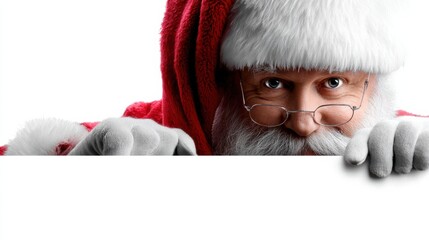 Festive Santa portrait, Jolly Santa with message board, Holiday Santa smiling for marketing visuals, Centered Santa holding sign with cheerful holiday expression