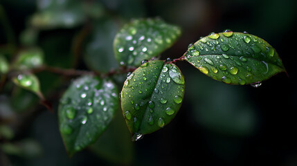 The tranquil beauty of shiny leaves dripping with pure morning dew