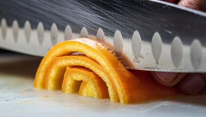 A chef's knife precisely slices through a vibrant orange bell pepper, showcasing the art of culinary preparation on a clean cutting board for delicious cooking.
