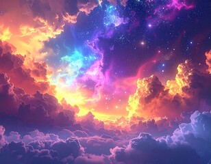 Fototapeta premium Ethereal skyscape with glowing clouds and nebula, awash in vibrant hues of orange, purple, blue, and violet