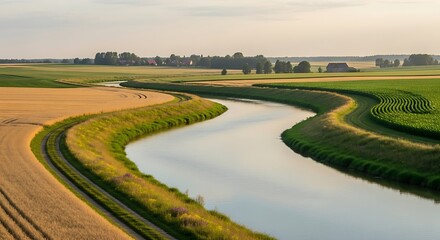Naklejka premium Winding river flowing through a peaceful rural agricultural landscape at sunset.