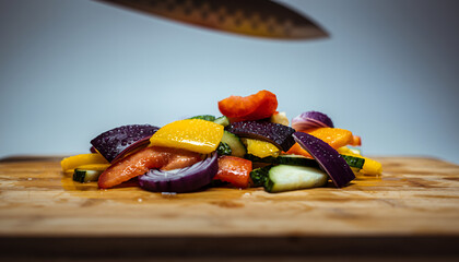 A vibrant assortment of freshly chopped vegetables, including carrots, peppers, and zucchini, artfully arranged on a wooden cutting board, ready for culinary creation.