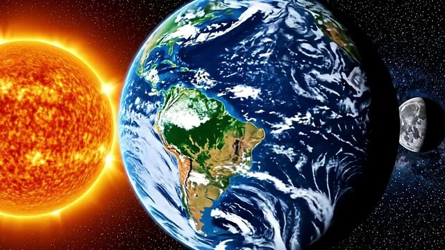 Celestial Alignment Animation of Sun, Earth, and Moon with Fiery Textures and Starry Space
