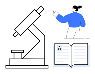 Science education, research, learning tools, academic studies, knowledge sharing, scientific exploration. Illustration shows a microscope, open book and pointing person. Science education