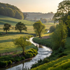 Winding river flows through a lush green valley at sunrise