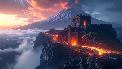 A dramatic mountainscape featuring castle ruins perched atop a high cliff, bathed in warm light under a striking sunset
