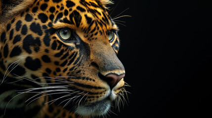 AI generator image of A close-up image of a jaguar or leopard against a black background. These large cats are distinguished by their unique coat patterns. Jaguars have rosettes, which are markings 