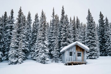 Cozy snowy hideaway, Quiet forest refuge with soft light and winter footprints trail, Secluded wooden lodge nestled amid towering pines with snowy porch and peaceful surroundings