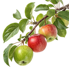 Fresh apples ripening on a tree branch with green leaves