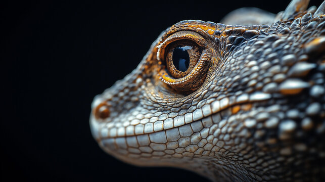 AI generator images of Close-up portrait of a green iguana lizard showing detailed scales and eye in nature