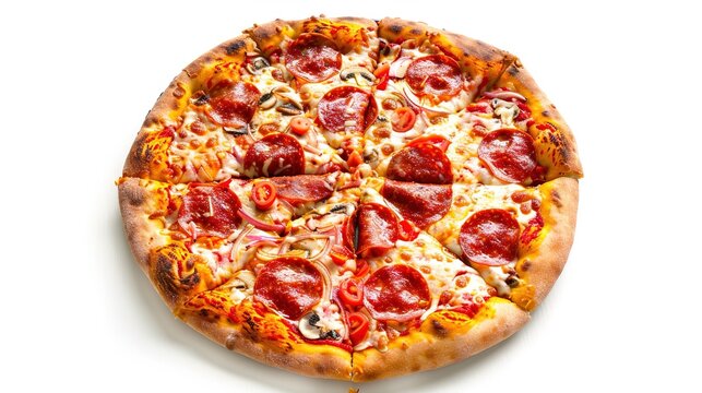 Pepperoni pizza with melted cheese, tomatoes, onions and mushrooms on white background