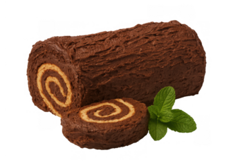 Chocolate yule log cake with cream frosting and mint leaves, a festive christmas dessert, transparency
