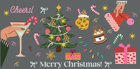 Festive Christmas illustration with a decorated tree, holiday drinks, gifts, candles, candy canes, and cheerful winter elements. Perfect for greeting cards, banners, posters, and seasonal designs.