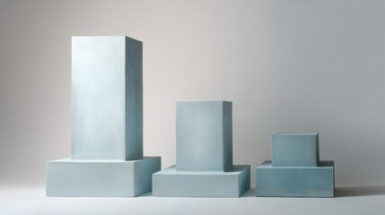 Three light blue rectangular prisms arranged by size with soft shadows,